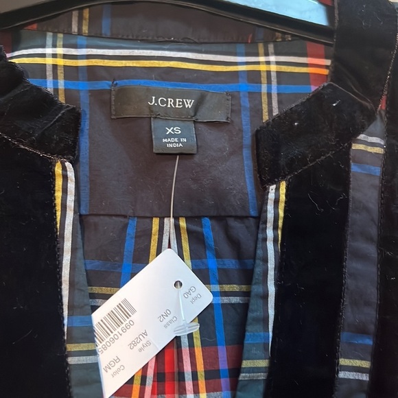 J Crew Velvet Trimmed V Neck Tunic Black red Tartan long sleeve blouse top XS - Picture 6 of 8